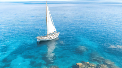 蓝色海洋中的白色帆船摄影图