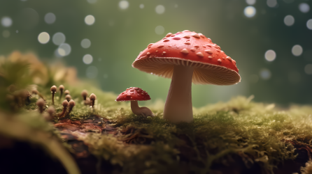 雨中可爱的红色小蘑菇摄影图