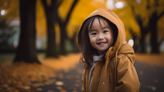 城市公园里微笑的小女孩摄影图