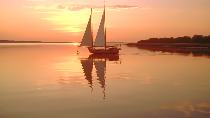 落日黄昏中漂浮的帆船摄影图版权图片下载