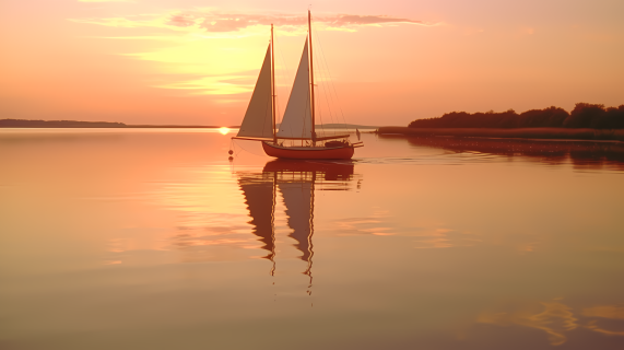 落日黄昏中漂浮的帆船摄影图