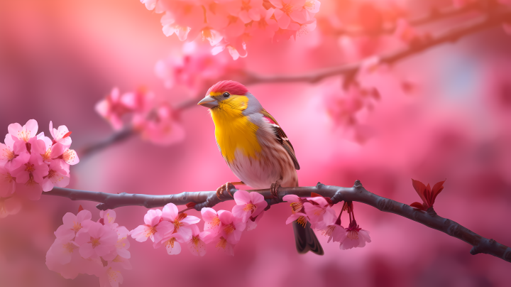 樱花树上的黄鸟摄影图版权图片下载