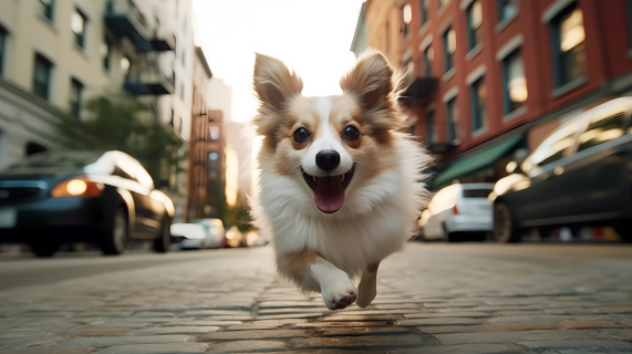 小狗在城市街道奔跑的摄影图