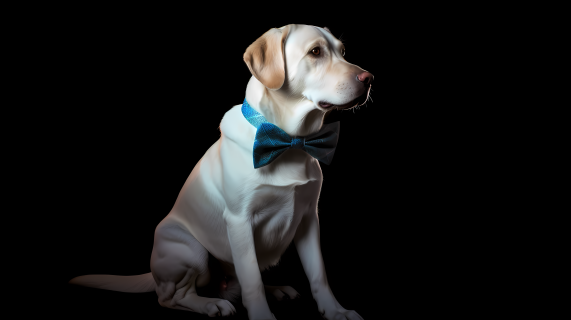 白色拉布拉多犬的蓝色腰带和领结摄影图