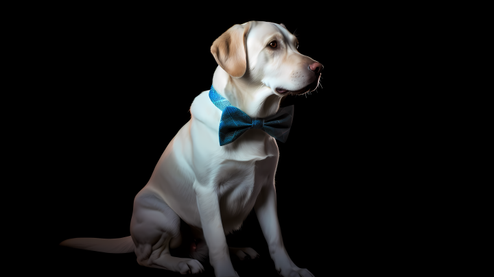 白色拉布拉多犬的蓝色腰带和领结摄影图版权图片下载