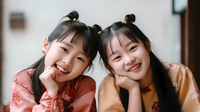 甜美可爱的两个中国亚洲女孩摄影图片