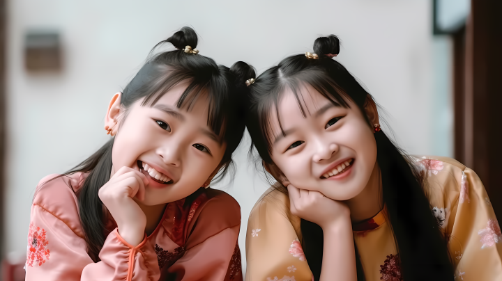 甜美可爱的两个中国亚洲女孩摄影版权图片下载