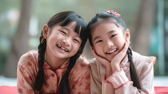 两位可爱中国和亚洲女孩的微笑摄影图片