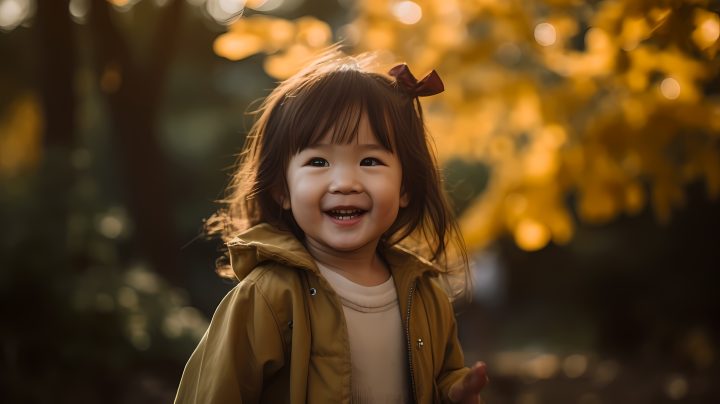 秋季早上公园小女孩微笑摄影图版权图片下载