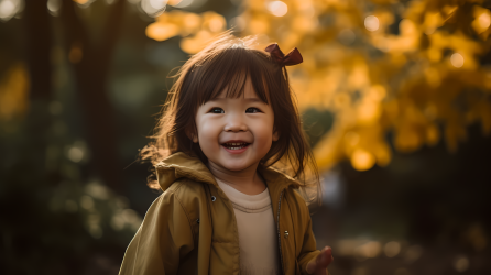 秋季早上公园小女孩微笑摄影图