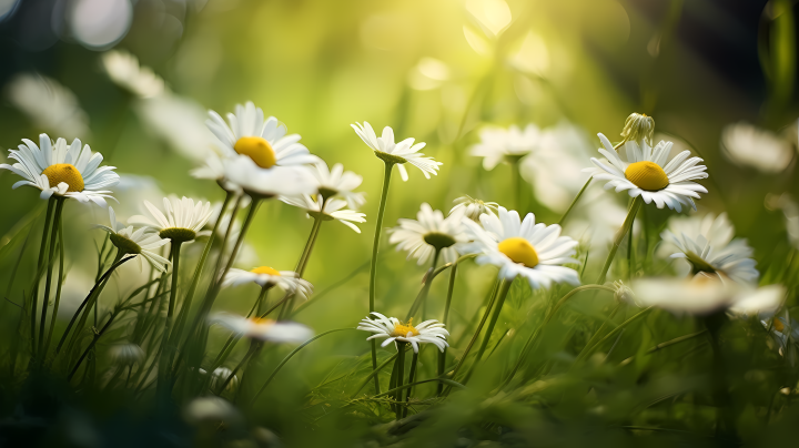 草地上白色雏菊的极简风摄影图版权图片下载
