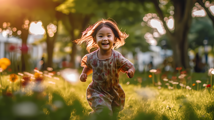 夏日微笑女孩在草地上奔跑人像摄影图版权图片下载