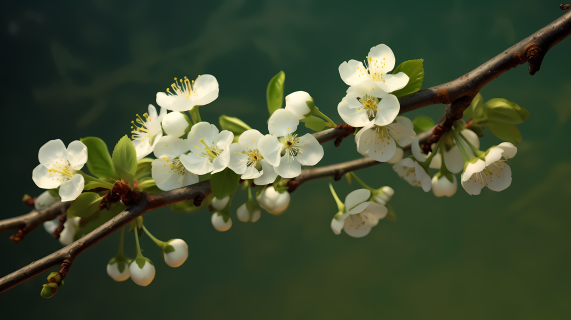 绿叶白花枝摄影图