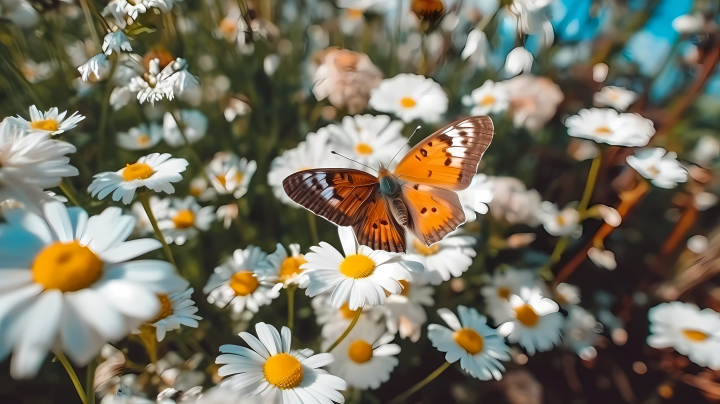 蝴蝶驻足白雏菊光芒闪耀的地球色调摄影图版权图片下载