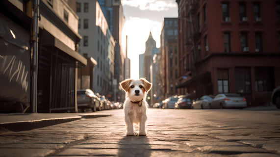 城市街道中的小狗摄影图