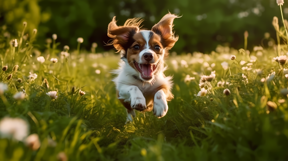 欢快活泼的小狗奔跑在草地上摄影图