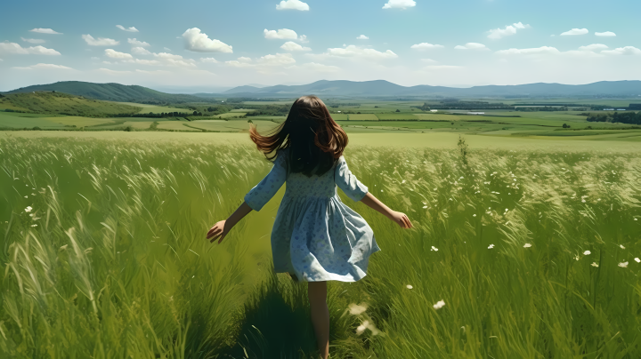 花裙少女奔跑在草地上的决定性瞬间摄影版权图片下载