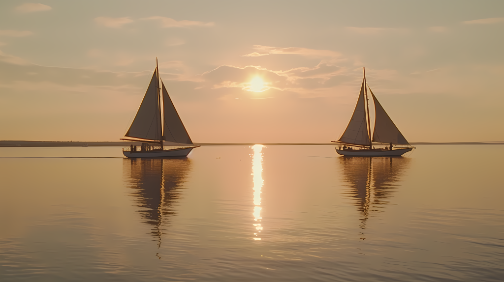 孤独的落日黄昏中海上帆船摄影图