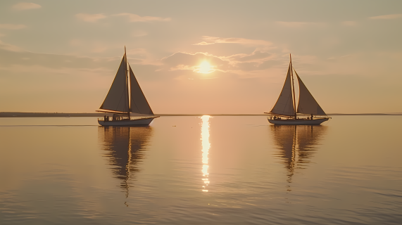 孤独的落日黄昏中海上帆船摄影图