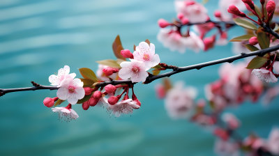 樱花枝头粉色花朵在天空中绽放的日式风格摄影图