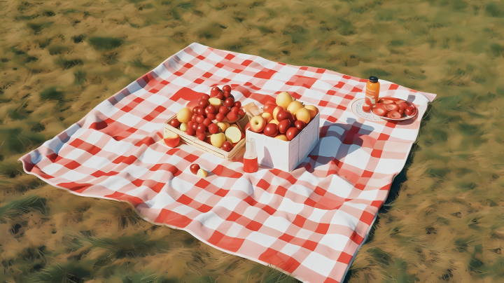 户外野餐绿草地上的红白野餐毯高清图版权图片下载