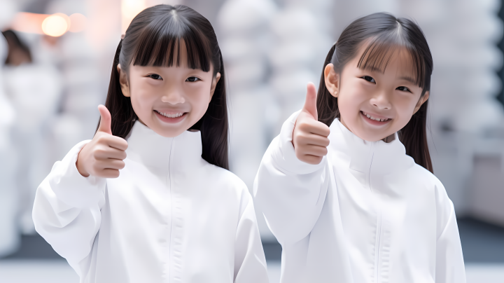 白色衣服的两个小女孩竖起大拇指的摄影版权图片下载
