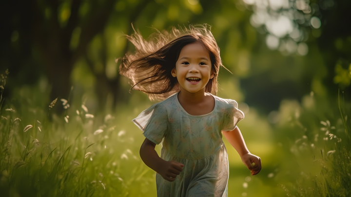 夏日笑靥小亚裔女子奔跑在草地上的摄影版权图片下载