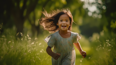 夏日笑靥小亚裔女子奔跑在草地上的摄影图片