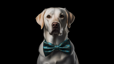 白色大型拉布拉多犬佩戴蓝色缎带和领结的摄影图片