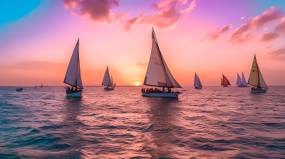 海洋落日传统美术风格帆船摄影图
