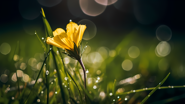 雨中翠绿风景里的黄色小花摄影图版权图片下载