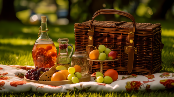 春天野餐篮和水果摄影图