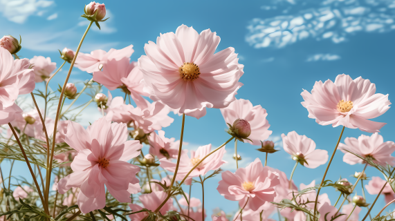 粉色花朵前的蓝天摄影图