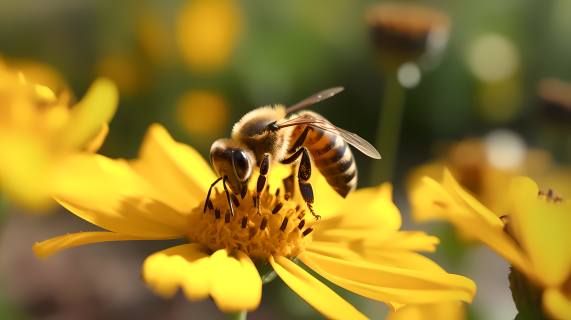 蜜蜂停在绿叶黄花上自然宁静田园摄影图