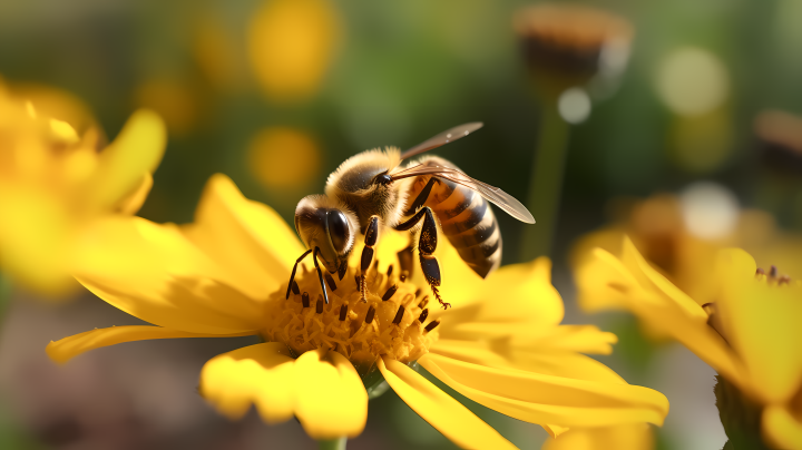 蜜蜂停在绿叶黄花上自然宁静田园摄影图版权图片下载