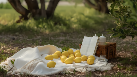 野餐篮里的水果与酒瓶摄影图