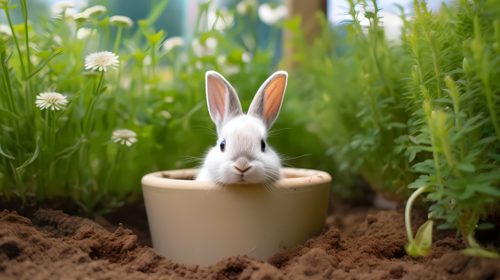 白色小兔在花盆里面的摄影图版权图片下载