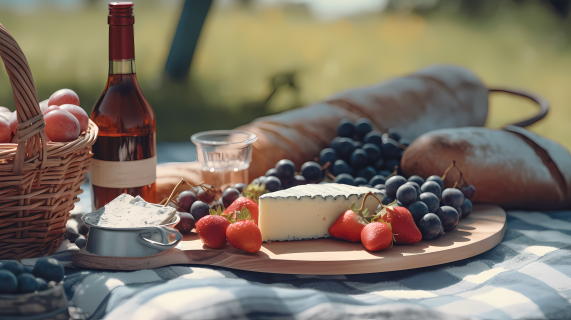 野餐篮里的水果和瓶子玩味而精致的摄影图