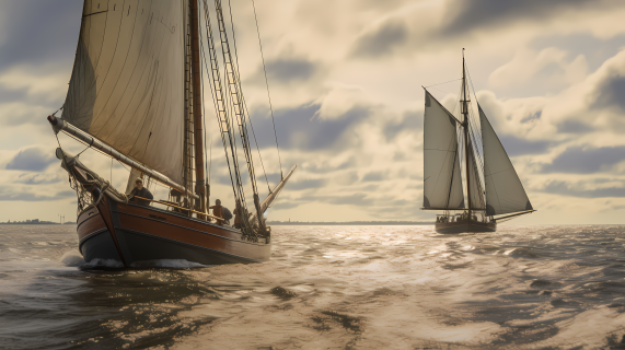 风车背景下荷兰传统双帆船摄影图片