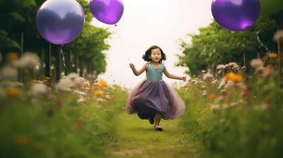 田野花园里的小公主拿着气球奔跑高清图