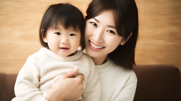 年轻亚洲母亲抱着孩子微笑的摄影版权图片下载