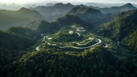 马来西亚热带雨林环绕山峦的航拍摄影图