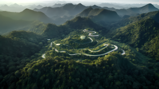 马来西亚热带雨林环绕山峦的航拍摄影图