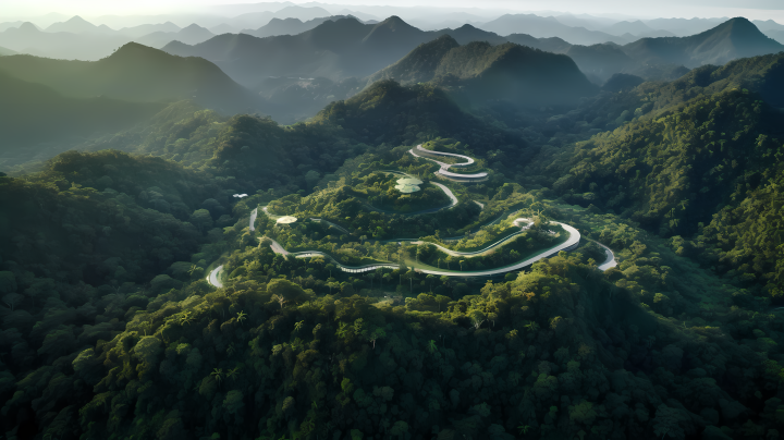 马来西亚热带雨林环绕山峦的航拍摄影图版权图片下载