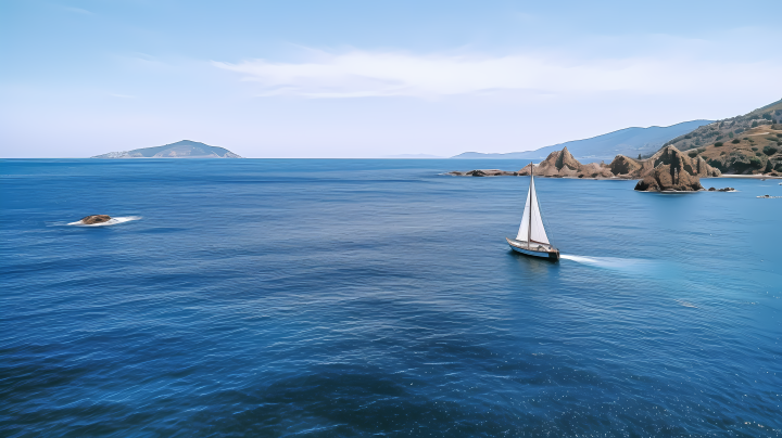 孤舟在蔚蓝海水的摄影图版权图片下载