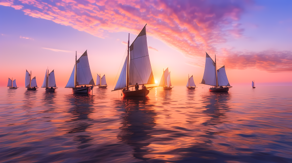 海洋美景落日余晖中的帆船群摄影图