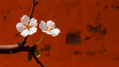 白花枝头橙红色背景的摄影图片