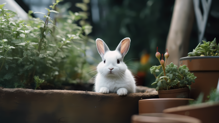 可爱白兔在花盆外的摄影图片