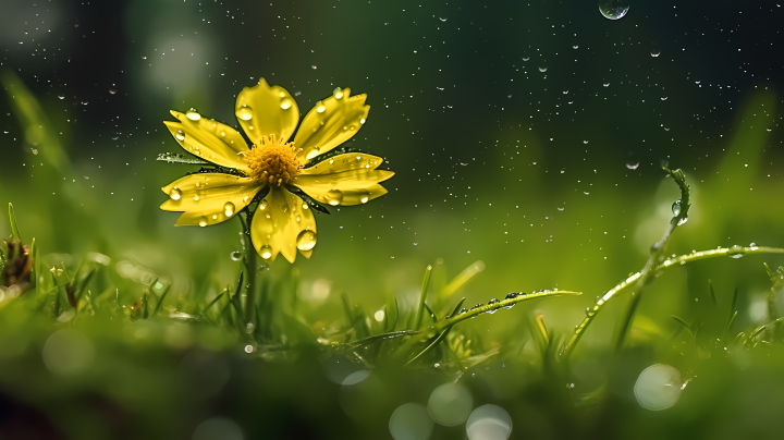 雨中绿洲草地上的黄色花朵摄影图版权图片下载