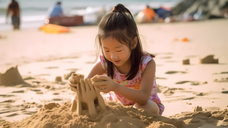 亚洲女孩在海滩上堆沙摄影图片